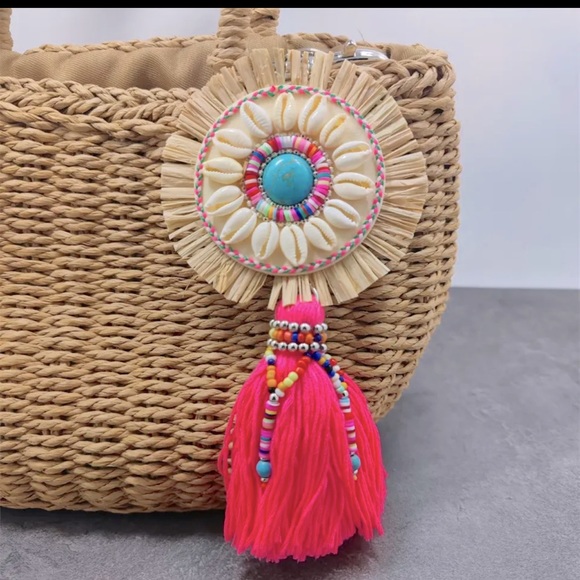 Accessories - New Handmade Beaded Bohemian Medallion With Shells Neon Fringe Bag Clip Key Ring